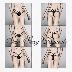 Peut inclure: Quatre illustrations d'une personne portant de la lingerie noire avec des bretelles et des détails complexes. Les illustrations montrent la lingerie de face et de dos.