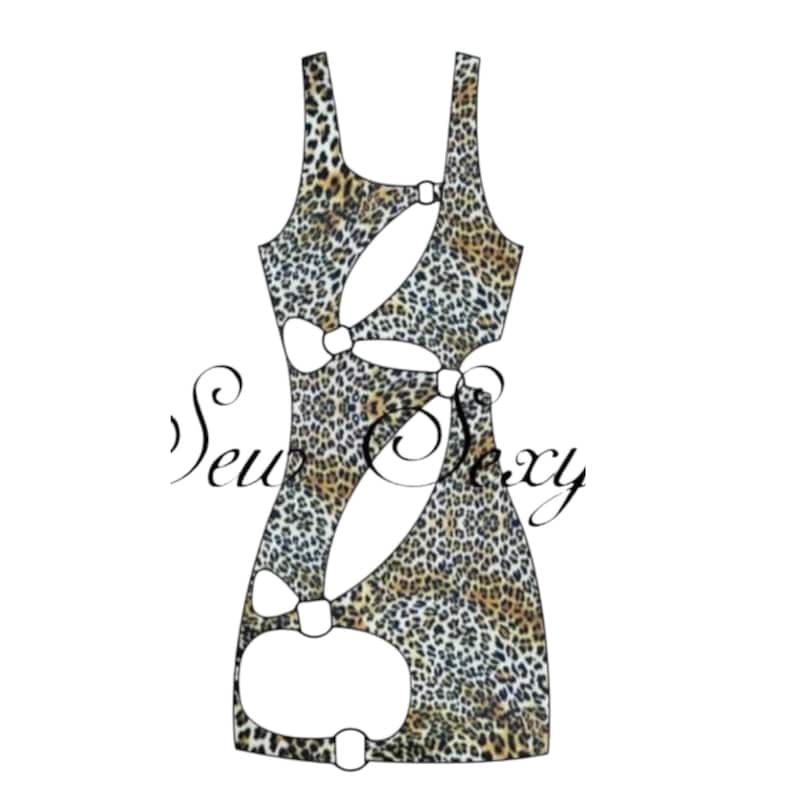 May include: A sleeveless leopard print dress with cut-out details and bow accents. The dress features a scoop neckline and a fitted silhouette. The text "Sew Sexy" is written in cursive on the front of the dress.