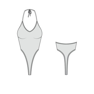 May include: A gray halter-style bodysuit with a V-neckline and a thong bottom.