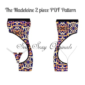 Puede incluir: Un patrón digital para un conjunto de dos piezas. El patrón presenta un estampado de leopardo con colores azul, naranja y amarillo. El texto "The Madeleine 2 piece PDF Pattern" está en la parte superior de la imagen. El texto "Sexy Originals" está en el centro de la imagen.