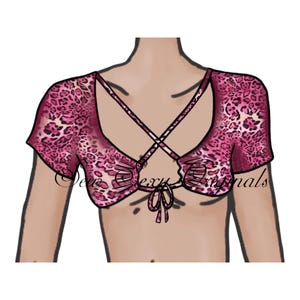 May include: A pink leopard print crop top with short sleeves and a criss-cross tie front. The text "Sexy Originals" is printed on the garment. The top is designed with a low neckline and a bow detail at the centre.
