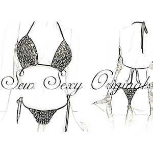 May include: A black bikini top and bottom with a delicate, intricate design. The bikini is shown on a white background.