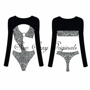 Puede incluir: Dos tops negros de manga larga con detalles de estampado de leopardo. El top de la izquierda tiene un diseño de corte y el top de la derecha tiene un top estilo bandeau y pantalones a juego.