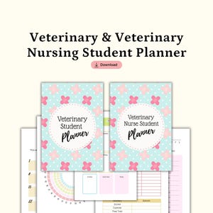 May include: A planner set for veterinary and veterinary nursing students. The covers are light blue with pink flower and white dot patterns. The text on the cover reads "Veterinary Student Planner" and "Veterinary Nurse Student Planner".