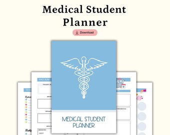 Pode incluir: Um planejador para estudantes de medicina com uma capa azul clara com um símbolo de caduceu branco. O planejador inclui seções diárias, de compromissos e de estudo. O texto "Medical Student Planner" é exibido na capa.