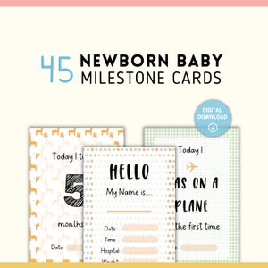 Cartes d'étape pour nouveau-né | Nouveau-né unisexe, cadeau/accessoires photo pour baby shower | 45 premiers bébés | Conception girafe/safari | Téléchargement numérique