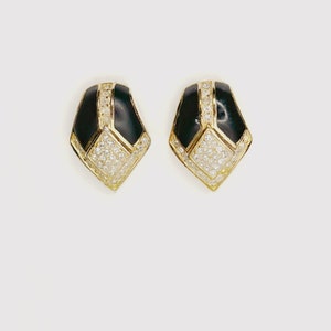 Christian Dior Vintage Black Enamel And Crystal Clip-on Gold Tone Earrings