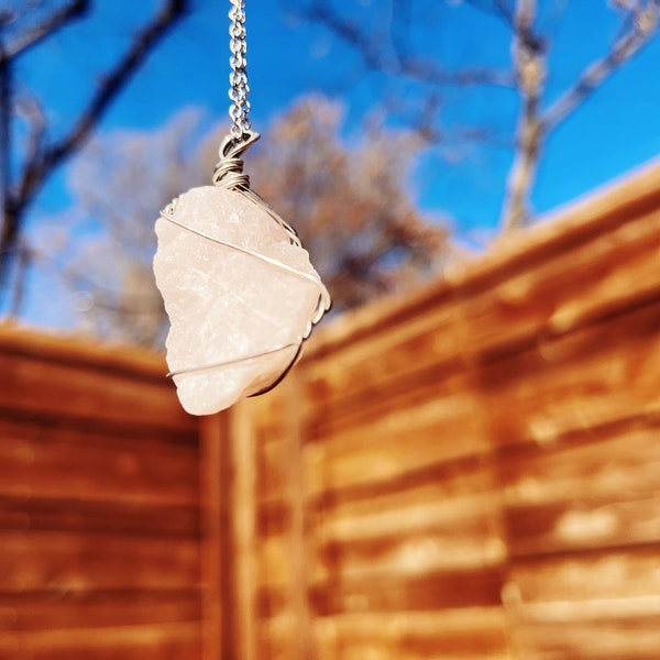 Rose Quartz Unconditional Love Healing Crystal Silver-Wrapped Pendant Necklace