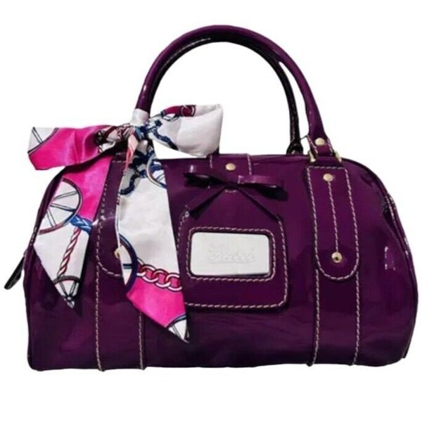 Gucci Women's Purple Patent Leather Double Rolled Handles Zip Pockets Boston Bag