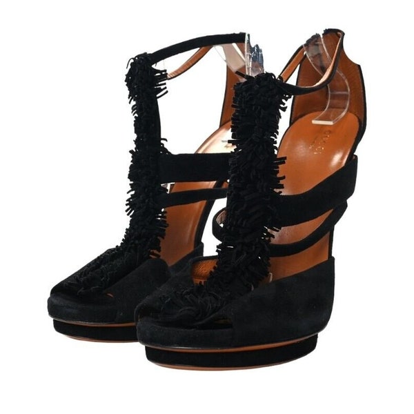 Gucci Womens Black Suede Fringe Wrapped Heel Youma Platform Sandals Size US 10.5