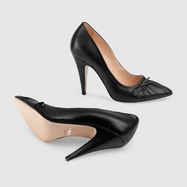 Gucci 549661 Women's Black Nappa Bow High Heels Charlotte Pumps Size US 8.5