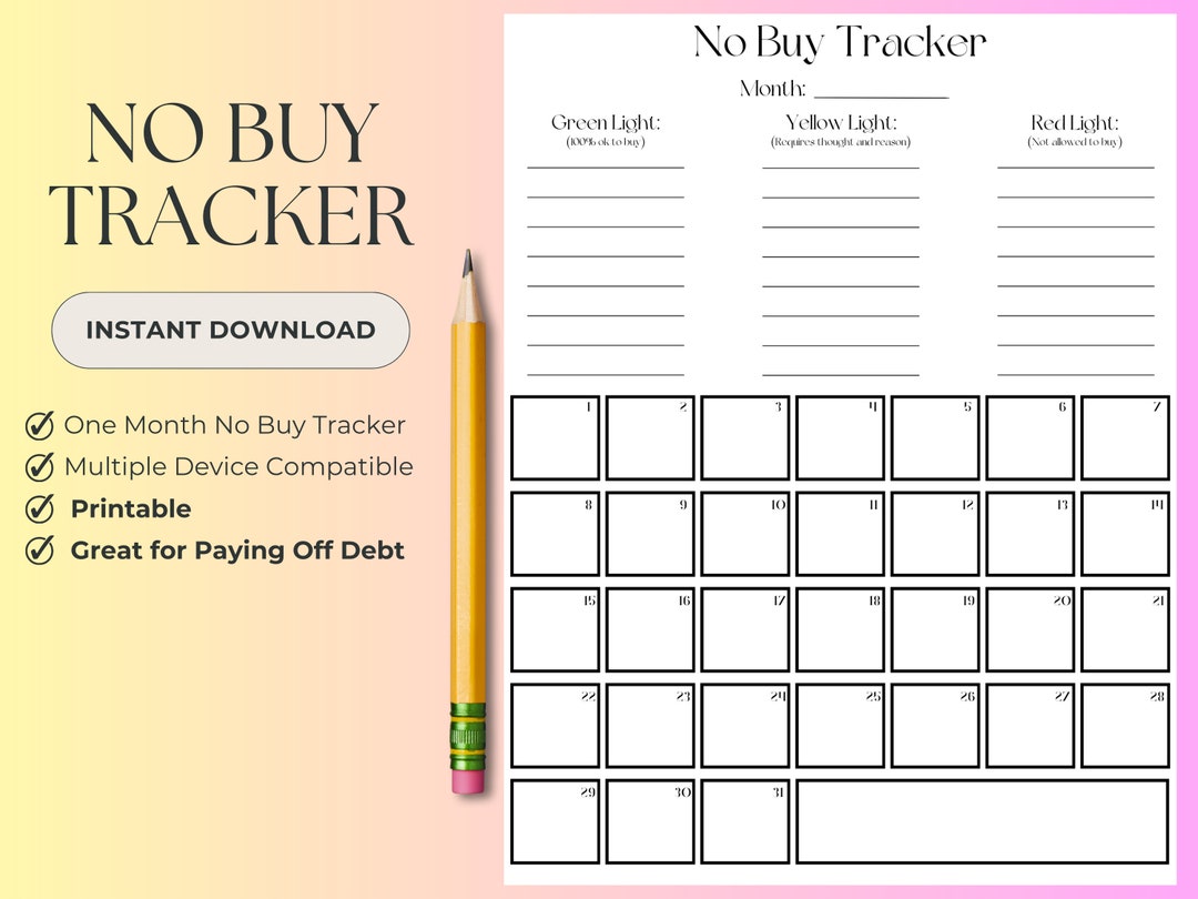 One Month No Buy Challenge Tracker, Budgeting, Simple Budget Tracker