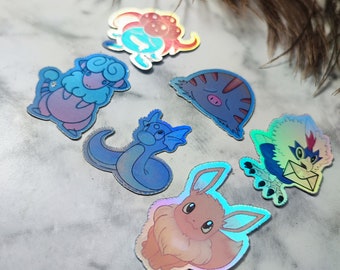 Poke Sticker 6 Set | Holografisch | Handmade | 90er Kult | Taschenmonster | Anime | Aufkleber | ca 4x2cm