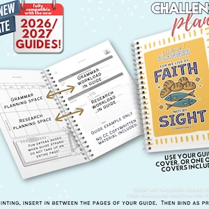 May include: A spiral-bound challenge planner with a yellow cover featuring illustrations of bread and fish, and the text 'CHALLENGE PLANNER FOR WE LIVE BY FAITH NOT BY SIGHT 2 CORINTHIANS 5:7'. The open planner shows pages with sections for grammar and research.