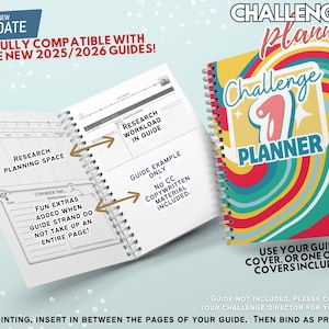May include: A spiral-bound planner with a colorful cover featuring the text "Challenge Planner." The open pages display research planning space and guide examples. The planner is designed to be compatible with 2025/2026 guides.