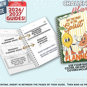 Może przedstawiać: Spiralny "Challenge Planner" z okładką przedstawiającą rysunkową cytrynę i grejpfruta, zatytułowany "BUT THE FRUIT OF THE SPIRIT". Otwarte strony wewnętrzne pokazują sekcje "GRAMMAR PLANNING SPACE" oraz "RESEARCH PLANNING SPACE" ze strzałkami.