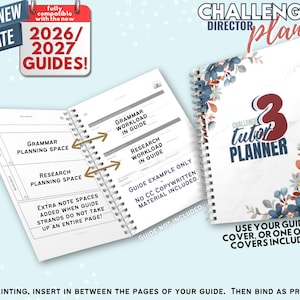 May include: A spiral-bound Challenge Tutor Planner 3 with a floral cover design. The open pages display planning sections labeled Grammar Planning Space, Research Planning Space, and Extra Note Spaces, with arrows pointing to corresponding guide sections.