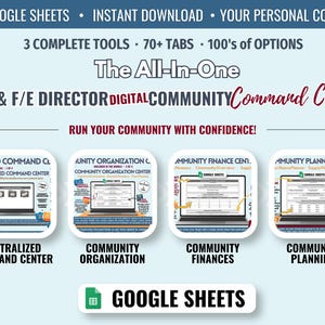 Könnte beinhalten: Ein digitales Google Sheets-Paket mit vier verschiedenen Modulen: Centralized Command Center, Community Organization, Community Finances und Community Planning. Die Grafik enthält Textüberschriften, die 3 komplette Tools, über 70 Registerkarten und Hunderte von Optionen für die Verwaltung von Community-Abläufen detailliert beschreiben.