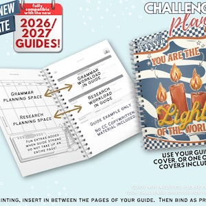 May include: A spiral-bound challenge planner with a cover featuring three lit candles and the text 'YOU ARE THE LIGHT OF THE WORLD'. The open pages display a grid layout with labels for grammar planning space, research workload, and guide examples.
