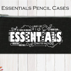 May include: Black canvas pencil case with a white zipper and the word "ESSENTIALS" in large white letters surrounded by smaller white text and icons.