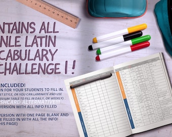 May include: A blue and orange notebook with a white grid pattern and the text "CONTAINS ALL HENLE LATIN VOCABULARY FOR CHALLENGE!!"  3 VERSIONS INCLUDED! 1. BLANK VERSION FOR YOUR STUDENTS TO FILL IN. (EITHER WORKSHEET STYLE, OR YOU CAN LAMINATE AND USE AS A DRY ERASE TRIVIUM TABLE TO FILL IN DAILY, OR WEEKLY) GREAT FLASHCARD ALTERNATIVE!! 2. ANSWER KEY VERSION WITH ALL INFO FILLED IN FOR YOU! 3. A COMBINED VERSION WITH ONE PAGE BLANK AND THE NEXT PAGE FILLED IN WITH ALL THE INFO! (SHOWN ON THIS PAGE)