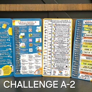May include: Four blue and yellow cards with a reading list for different reading challenges. The cards are labeled "Challenge A", "Challenge B", "Reading Roster 1", and "Challenge 2 Reading Roster". The lists include titles such as "The Lion, the Witch and the Wardrobe", "The Hobbit", "Pride and Prejudice", and "Animal Farm".