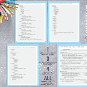 May include: A set of four printable pages with blue and white backgrounds. The pages contain outlines and a grading rubric for a comparison essay. The pages are titled "Challenge Guide Comparison Essay Outline", "LTW Comparison Essay Block Outline", "LTW Comparison Essay Point-by-Point Outline", "Comparison Essay Grading Rubric", and "Comparison Essay Grading Rubric". The pages are designed to help students write comparison essays.