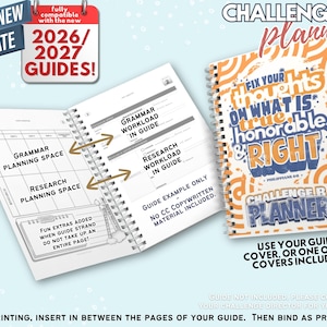 May include: A spiral-bound Challenge B planner with an orange and white patterned cover featuring the text Fix your thoughts on what is true, honorable, & right. The open interior pages show planning spaces for grammar and research workloads.