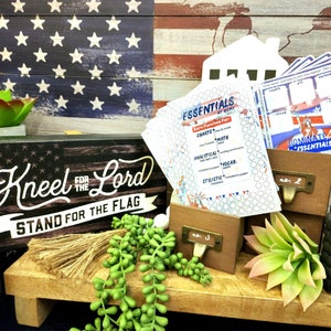 May include: A set of printable educational charts with a patriotic theme. The charts feature a red, white, and blue color scheme and include the text "Dominate Essentials".