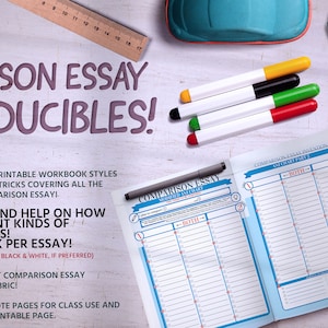 May include: A printable workbook for writing comparison essays. The workbook includes 14 pages with tips, tricks, and help on how to write three different kinds of comparison essays. The workbook is blue and white with the text "Comparison Essay Workbook Part 1" printed on the cover.