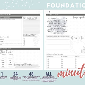 May include: A gray and white printable planner with the words "Foundations" and "Community" in large, bold letters. The planner is divided into sections for weekly planning, community focus, and prayer requests. It includes a quote from Proverbs 31:16-17.