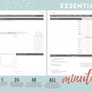 Peut inclure: Une page de planificateur imprimable avec un design gris et blanc. La page est intitulée "Essentials" et comprend des sections pour "Essentials of the English Language", "IEW Teaching Writing Structure & Style" et "Plan on It". La page comprend également une section pour "Focus on Speed & Accuracy" et une section pour "Suggested Reading".