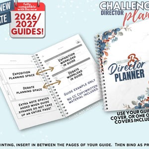 May include: A spiral-bound Challenge B Director Planner with a white cover featuring blue and orange floral accents. The open planner pages display sections for exposition and debate planning, with text indicating compatibility with 2026/2027 guides.