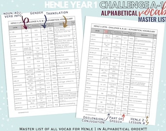 Challenge A-2 Henle 1 & 2 Latin Master Vocabulary lists in Alphabetical Order and Color Coded