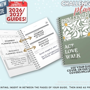 May include: A spiral-bound Challenge IV planner with a sage green cover featuring white daisy graphics and the text ACT JUSTLY LOVE MERCY WALK HUMBLY. The open interior pages show planning spaces for grammar and research, with instructional text.