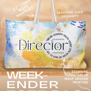 May include: A white canvas tote bag with a colorful abstract design. The bag features the text "Director" in a circle with the words "Foundations" and "Essentials" inside. The bag is 24 inches by 13 inches and has long rope handles. The bag is printed with a full color wrap around design.