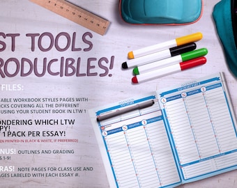 May include: A set of three printable files for teaching writing. The files include workbook style pages, outlines and grading rubrics, and fun extras. The image shows a blue and white workbook with the text "Attention Vocabulary Part 1" on the cover. The image also shows a ruler, markers, and a blue pencil case.