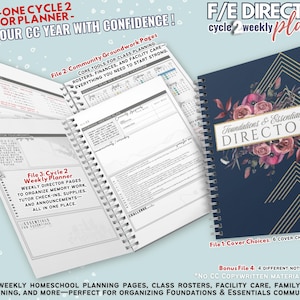 May include: A spiral-bound planner with a navy blue cover featuring floral and geometric designs. The planner is open to show interior pages with text and organizational layouts. Text on the cover reads "Foundations & Essentials DIRECTOR."
