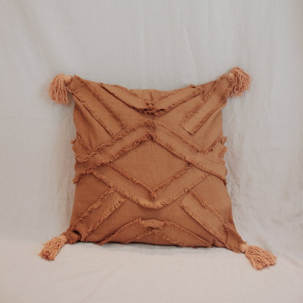 Rust / Ivory Textured Fringe Detail Cotton Cushion Covers 50x50CM / Natural Dye / Handmade / Boho Modern Soft Furnishings