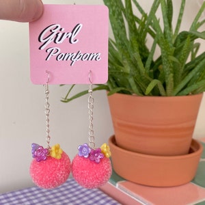Flower top pink Pom Pom dangle earrings