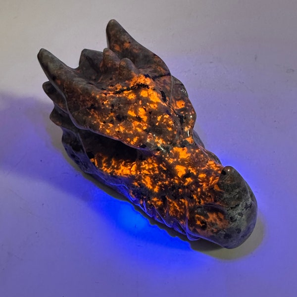 Yooperlite Dragon Head Crystal Sculpture Glows in UV Light