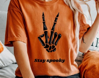 Stay Spooky Skeleton Halloween fall retro vintage graphic tee, peace sign, bohemian shirt, modern boho festival shirt vsco girl tshirt