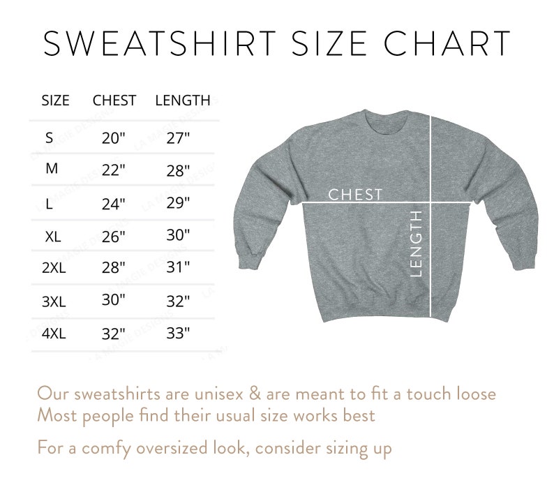 Puede incluir: Una tabla de tallas para sudaderas, que muestra las medidas de pecho y longitud en pulgadas para las tallas S a 4XL. La tabla incluye un diagrama de una sudadera con las medidas de pecho y longitud etiquetadas.