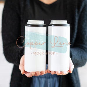 Side By Side 12 oz Skinny Can Cooler mockup, Double Blank Can cooler,Stainless Steel Can cooler mockup