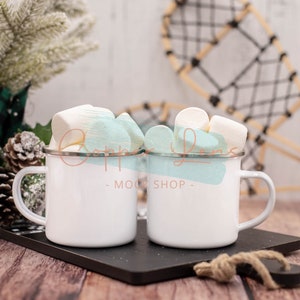 Side by side camping mug mockup, White Enamel mugs, Blank camping mugs, Kids camping mug mockup, Christmas Mug mockup