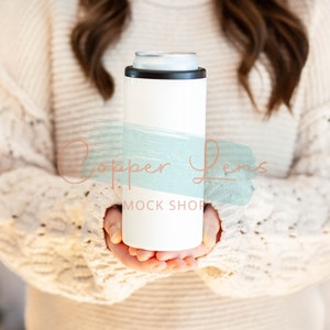 Christmas mockup, 12 oz Skinny Can Cooler Christmas mockup, Blank Can cooler, White with Black Rim Skinny Can Cooler