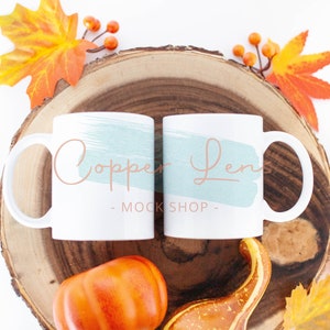 Fall mug mockup, Two white 15oz coffee mugs, Side by side mockup, Double mug mockup, Blank mug mockup