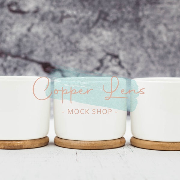 Succulent pot mockup, white ceramic pot mockup, plant pot mockup, small plant pot mockup, Pot with bamboo tray mockup