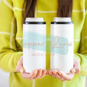 Side By Side 12 oz Skinny Can Cooler mockup, Double Blank Can cooler,Stainless Steel Can cooler mockup