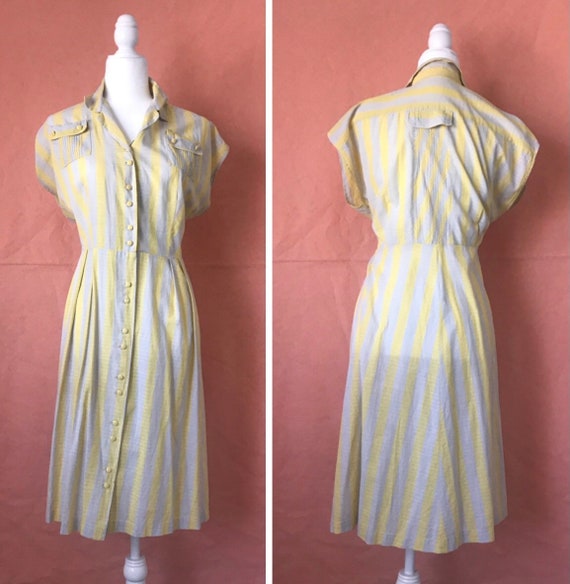 XL 1940s Yellow Gray Striped Cotton Dress